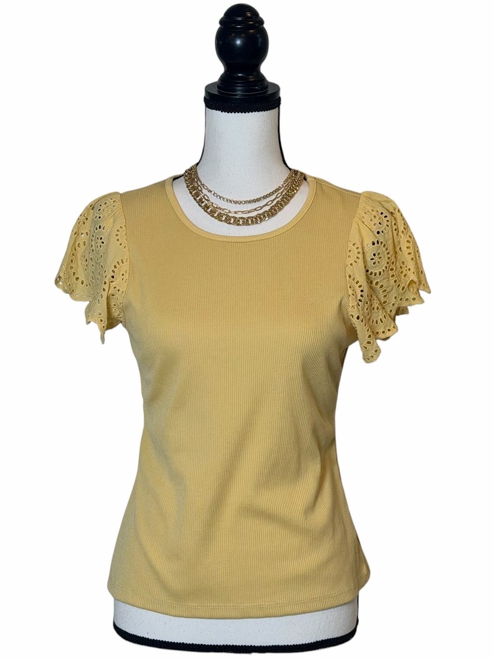 Chelsea & Theodore Yellow Eyelet Flutter Sleeve Top